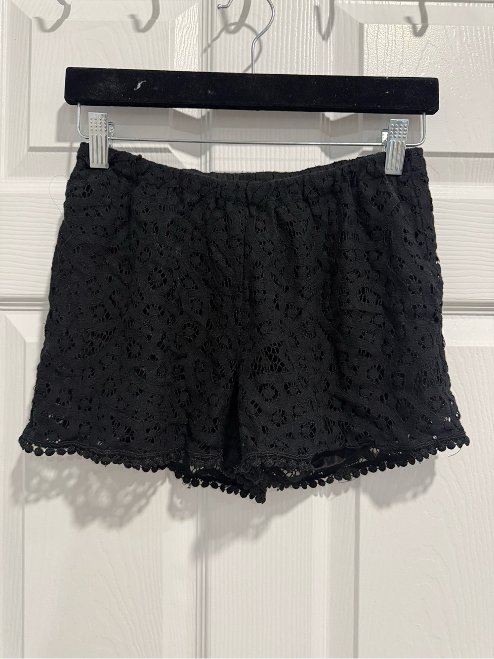 just be Black Crochet Lace Pom Hem Lounge Shorts
